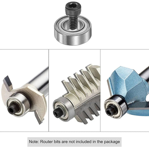 Top Shelf Router Bit Replacement Bearing Kit With Top Mounted Ball Guide For Dead Nuts Accuracy and Reliable Woodworking Swaps That Guarantee Smooth Sailing Always, showing bearing and compatible router bit details.