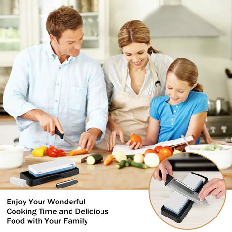 Family using Pro-Grade Knife Sharpening Stone Set With Dual Sided 1000/6000 Grit Waterstone in kitchen, blue and black kit