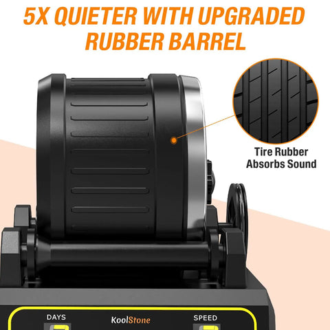 Large 2.5Lb Rotary Rock Tumbler Kit For Adults And Hobbyists With Quiet Rubber Barrel, Adjustable Timer And Speed, Complete Gem Polishing Kit With Memory Function showing tire rubber barrel for noise reduction