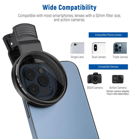 52mm ND CPL Starburst Filter Set With Phone Lens Clamp on iPhone, showcasing compatibility with cameras and lenses.