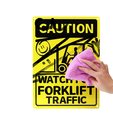 Person cleaning a 'Watch For Forklift Traffic' caution sign, 10x14 inches, yellow and black, durable aluminum for safety in forklift areas.