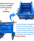 Heavy Duty 2200 Lb Self Dumping Hopper For Forklift And Manual Operation Rock Solid Steel Frame Industrial Material Cart shown from side angle.