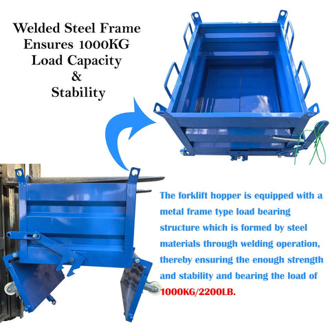 Heavy Duty 2200 Lb Self Dumping Hopper For Forklift And Manual Operation Rock Solid Steel Frame Industrial Material Cart shown from side angle.