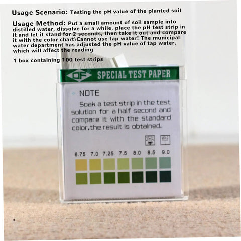 Box of soil test strips with color chart for pH 4.5-9 readings, included in Soil Test Kit With 100 Strips For pH 4.5–9, Easy To Use Test Paper.