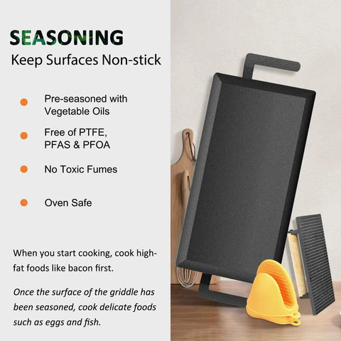 Heavy Duty Large Carbon Steel Griddle For Outdoor Gas Grill And Stove Pre-Seasoned Non Stick Surface with seasoning care tips.