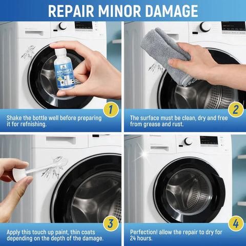 Steps for using White Appliance Touch Up Paint Pen Enamel High Gloss Acrylic Scratch Repair For Refrigerators Metal Porcelain And Enamel Surfaces Quick Dry Water Resistant Precise Application Ideal For Dishwashers Dryers Microwaves Washers And More 1.5oz on a washing machine