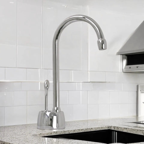Velosah Instant Hot Water Dispenser Faucet With Gooseneck Spout Polished Chrome installed on kitchen countertop.