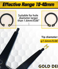 Two Pack 2 In 1 Snap Ring Pliers Set Internal And External Circlip Pliers Straight Lock Ring Pliers Dual Purpose Retaining Ring Pliers For 10mm To 40mm C Clips Ring Remover And Installer Tool showing effective range and tip diameter.