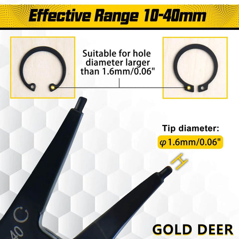 Two Pack 2 In 1 Snap Ring Pliers Set Internal And External Circlip Pliers Straight Lock Ring Pliers Dual Purpose Retaining Ring Pliers For 10mm To 40mm C Clips Ring Remover And Installer Tool showing effective range and tip diameter.