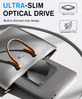 External CD DVD Drive With USB 3.0 And Type-C Plug And Play Portable Burner For Laptops And Macs No Extra Power Needed Ultra Slim Travel Ready Optical Drive, ultra-slim 0.7-inch black drive on a laptop