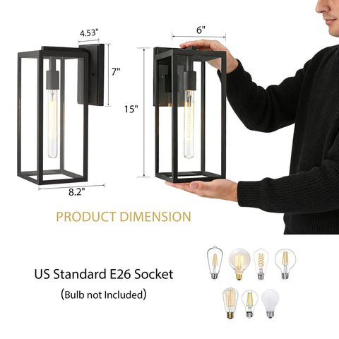 Outdoor Wall Sconce Lights 15 Inch Exterior Lantern With Clear Glass In Black, E26 Socket, Dimensions Shown