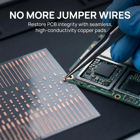 Pro Grade PCB Solder Pad Sheet With 208 Repair Spots For Microsoldering And Jump Wires shown near smartphone board
