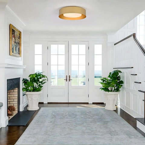 Dope White And Gold Flush Mount Ceiling Light With Modern Minimalist Flair for entryway, gold rim, 16.5 inch fixture
