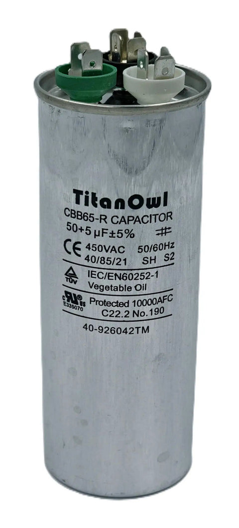 Fifty Plus Five Microfarad Dual Run Start Capacitor For Condenser Air Conditioners And Heat Pumps 370 To 450 VAC CBB65