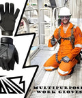 Built Different Heavy Duty Work Gloves With Breathable Leather Palms And Touchscreen Compatible Tips Machine Washable Reinforced Knuckles Zero Slip Grip For Mechanics And Electricians on a work site.