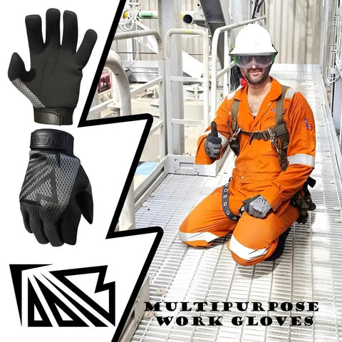 Built Different Heavy Duty Work Gloves With Breathable Leather Palms And Touchscreen Compatible Tips Machine Washable Reinforced Knuckles Zero Slip Grip For Mechanics And Electricians on a work site.