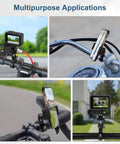 Handlebar Bike Pole Mount Kit With 360 Degree Ball Head For Action Cameras, Phone Holder, And Triple Mount Adapter shown in use on bikes.