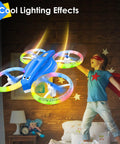 LED Light Kids Drone For Indoor Flight With Easy To Fly RC Fun And 360 Flip Two Batteries Included, glowing in a child's bedroom.