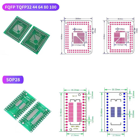 80 Pack PCB Proto Board Kit SMD To DIP Converter Adapter for TQFP SOP SSOP TSSOP ICs with dimensions and designs shown