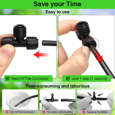 Close-up of 24 Pack One Quarter Inch Drip Irrigation Tee Connectors Quick Connect Fittings being installed with push-to-fit.