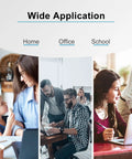 Three images showing diverse settings: home with mother and child, office with colleagues, school with students, under 'Wide Application' text.