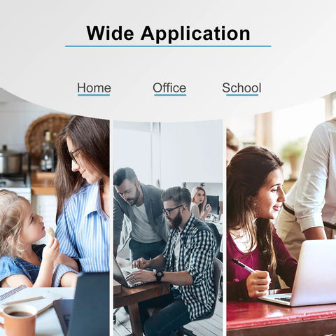 Image showing three scenes: a mother and child at home, colleagues working on laptops in an office, and a student studying at school.