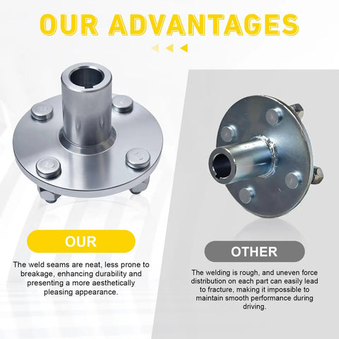 Comparison of Go Kart Live Axle Hub 4x4 With One Inch To Three Quarter Inch Step Down One Quarter Inch Keyed Shaft, showcasing weld quality