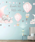 Whimsical Elephant Wall Stickers Set With Pink Moon And Grey Stars For Nursery And Kids Room, Hot Air Balloon Decor, applied on wall