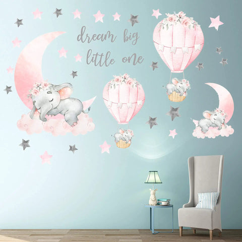 Whimsical Elephant Wall Stickers Set With Pink Moon And Grey Stars For Nursery And Kids Room, Hot Air Balloon Decor, applied on wall