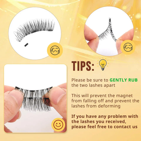 Instructions for handling Magnetic Eyelashes Kit With 2 Pairs And Reusable Lash Clusters, shown with tips for gentle separation.