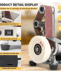 Mini Electric Belt Sander With Variable Speed Control And Grinding Wheel For Woodworking Acrylic Polishing showing adjustable platform and reversing switch.