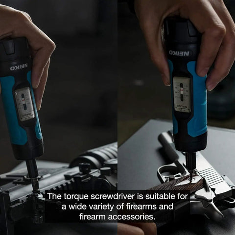 10574A 1/4 Inch Drive Torque Wrench And Screwdriver Set in use for firearm maintenance with visible torque adjustment scale