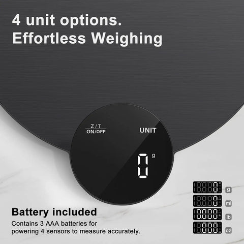 Precision Food Scale With 1 Gram And 0.1 Ounce Accuracy Digital Kitchen Scale With HD LED Display close-up showing unit options.