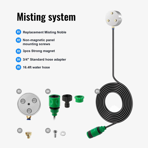 Magnetic Outdoor Fan Misting Kit With Triple Nozzle Design showing 16.4ft misting line, hose adapter, and magnetic components.