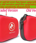 Portable 150 Piece Waterproof Hard Shell First Aid Kit For Home, Camping, Hiking, Sports, Office, And Adventure, Red Medical Emergency Kit With Durable IFAK Gear That Keeps You Covered Anywhere, showing both the upgraded and old versions with different icons.