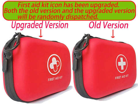 Portable 150 Piece Waterproof Hard Shell First Aid Kit For Home, Camping, Hiking, Sports, Office, And Adventure, Red Medical Emergency Kit With Durable IFAK Gear That Keeps You Covered Anywhere, showing both the upgraded and old versions with different icons.