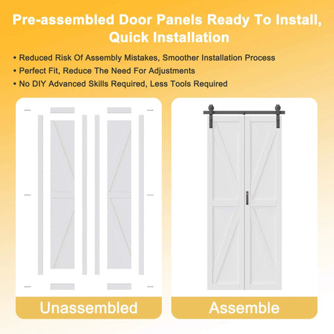 Space Saving Bifold Barn Door Kit With Pre Assembled Panels And Sliding Hardware Solid Core Construction Water Resistant Finish Easy Assembly K Shape Bi Fold Door 36 By 84 Inches Maximizes Wall And Floor Space