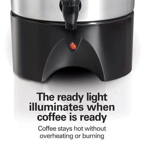 Close-up of Party Ready 45 Cup Coffee Urn And Hot Beverage Dispenser with ready light on black base, sleek silver finish