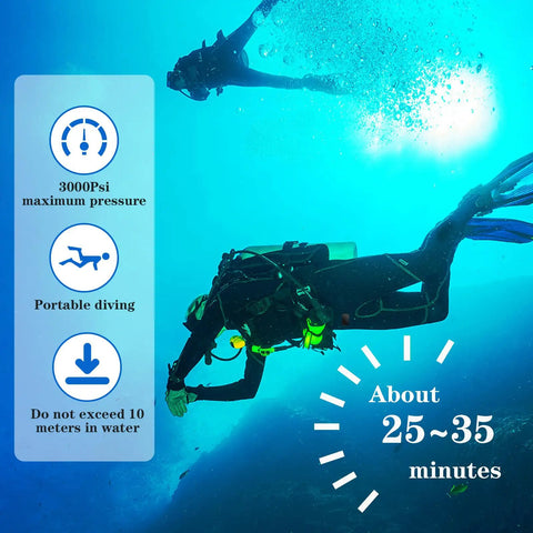 Diver using 2.3L Mini Scuba Tank For Travel And Training, 3000 Psi, shown underwater with time and depth guidelines.