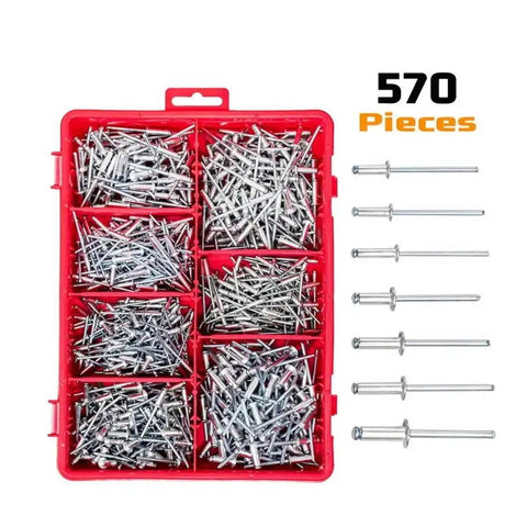 Dome Head Blind Pop Rivets Kit With 570 Pieces And 3 Drill Bits For Quick Install In Metal Plastic And Wood Aluminum Rivets Set Built To Last Works With Manual Or Pneumatic Rivet Guns Secure And Vibration Resistant Hold, 570-piece case
