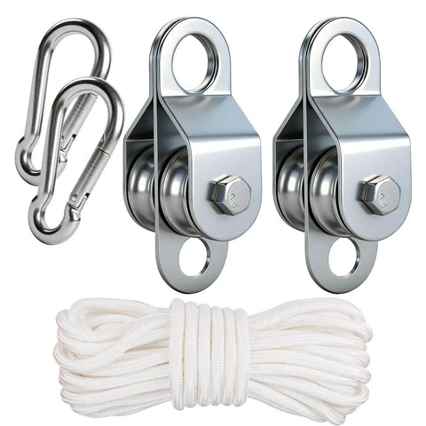 Double Snatch Block And Tackle Pulley System With Thirty Two Feet Of One Quarter Inch Rope And Hook Easy Install Heavy Duty Cable Pulley For Garage Attic Kayak Bike Lifting Up To One Hundred Fifty Pounds Side Opening Design, with hooks and rope