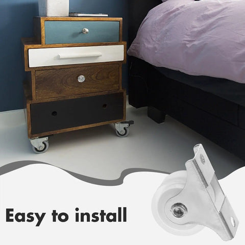 Ultra Silent PVC Caster Wheels for Office Chairs and Furniture on a stylish wooden drawer unit beside a bed.