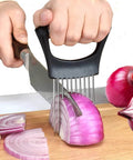 5-blade herb scissors with black handle slicing a purple onion on a cutting board