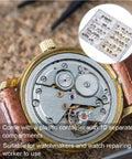 Opened watch mechanism alongside a Watch Crown Repair Kit Stainless Steel O Ring Stem Tools Storage Box Set Round Head Crown Assortment.