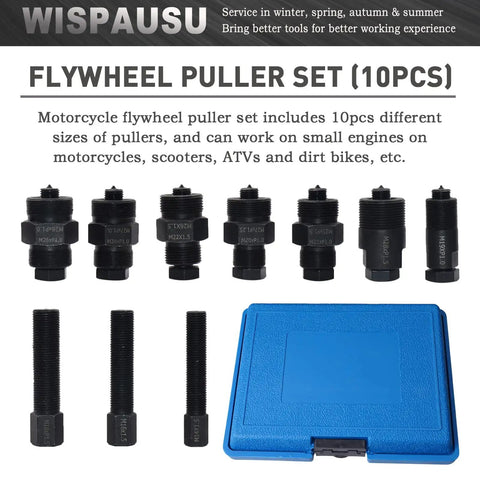 Flywheel Puller Kit For Small Engines, 10 Piece Set, black steel pullers with blue storage case displayed