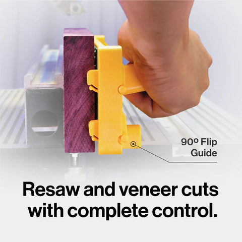 GRR-RIP-BLOCK Smart Push Block with 90° flip guide for precise resaw and veneer cuts, shown in use on table saw.