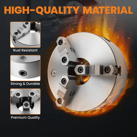 Eight Inch Three Jaw Lathe Chuck Self Centering Hardened Steel with close-up views highlighting rust resistance and durability