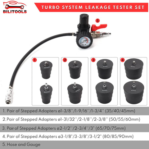 BilTools 9-piece turbo system leakage tester set with gauge, hose, and stepped adapters for turbocharger testing