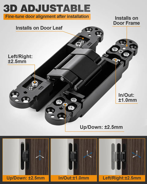Heavy Duty Hidden Door Hinge Set With 6 Inch Concealed Hinges Three Way Adjustable For Hidden Bookcase Doors 180 Degree Swing