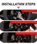 Installation steps for Four Pack Car Wheel Center Hub Caps With Metallic Skull Badge on a black wheel displaying adhesive process.